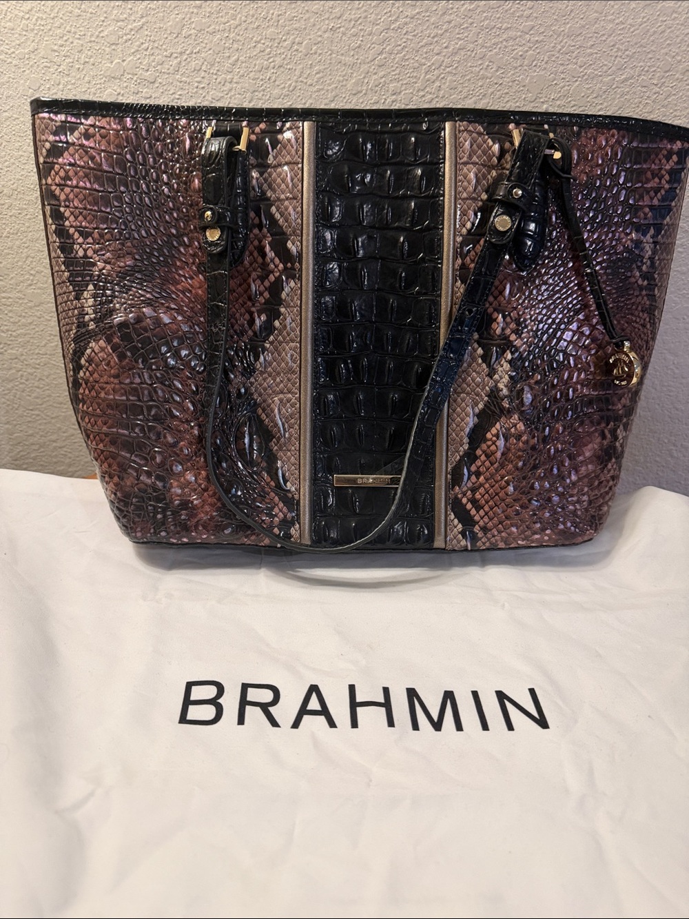 Brahmin Multi-Tone Croc-Embossed Tote in Black, Brown & Taupe